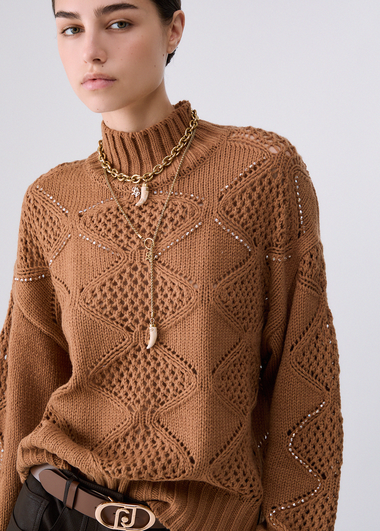 Jersey de cuello alto con abalorios y calados - LIU.JO - Imagen 3