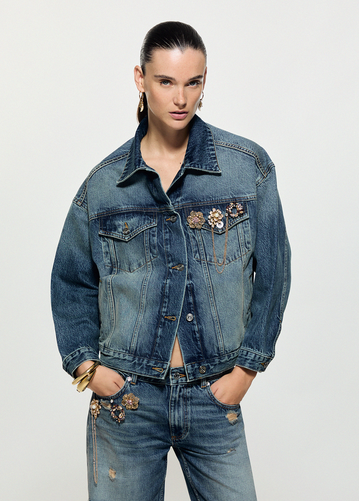 Chaqueta en denim con spille joya - LIU.JO